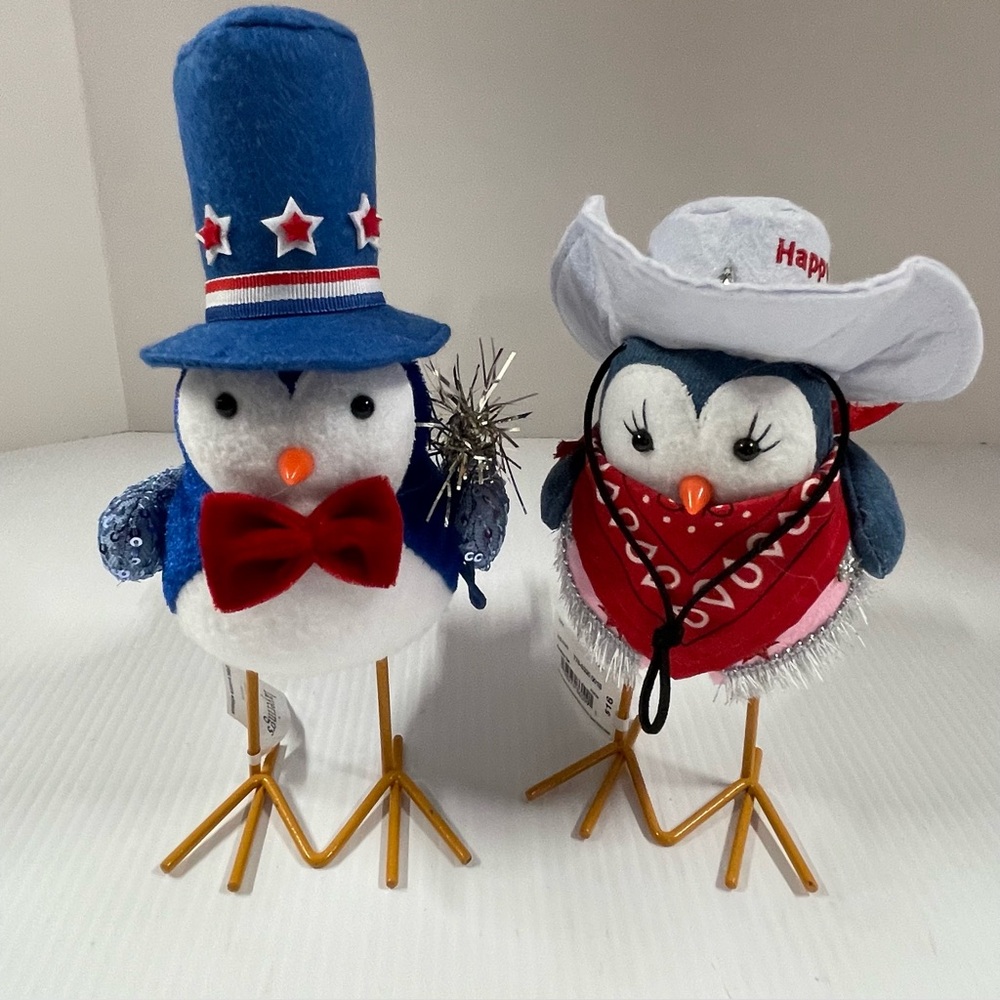 NWT July 4th Patriotic Uncle Sam and Cowgirl Felt Stuffed Birds 9”& 7.5”